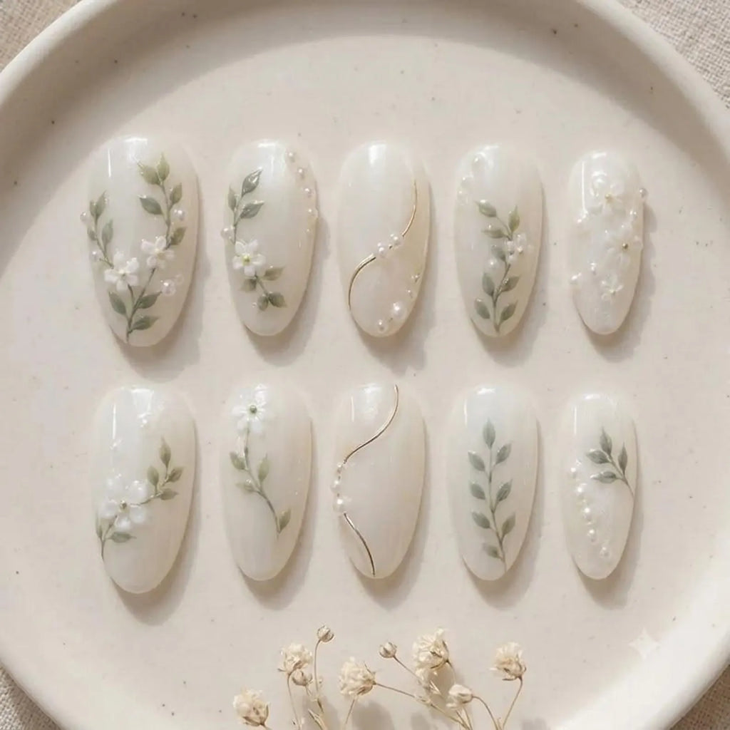 Hand Painted Botanical Leaf Press On Nails, Pearl White Floral Gel Nails