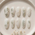 Hand Painted Botanical Leaf Press On Nails, Pearl White Floral Gel Nails