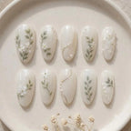 Hand Painted Botanical Leaf Press On Nails, Pearl White Floral Gel Nails