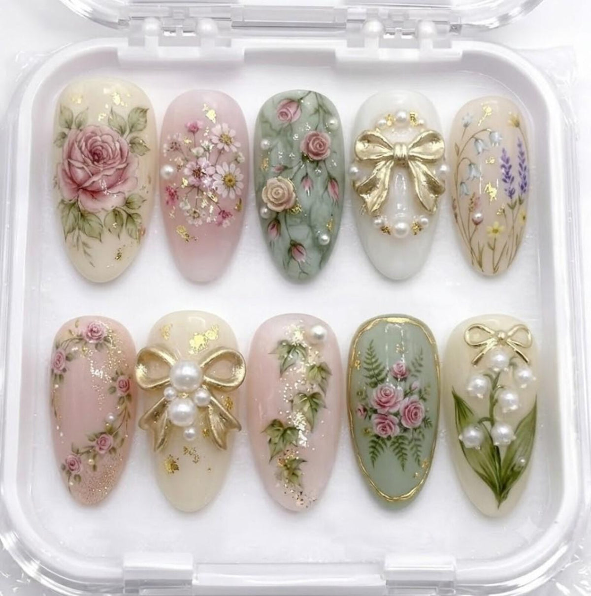 Handmade Romantic Garden Press On Nails | 3D Gold Bow & Vintage Floral Painting Art | Elegant Cottagecore Fake Nails Set