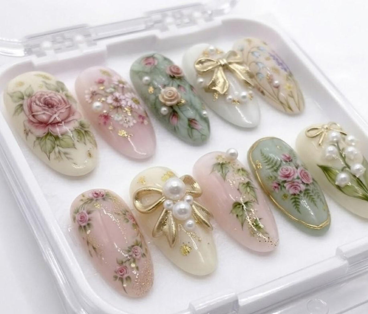 Handmade Romantic Garden Press On Nails | 3D Gold Bow & Vintage Floral Painting Art | Elegant Cottagecore Fake Nails Set