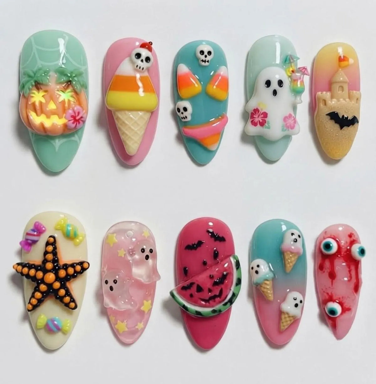 Handmade Summerween Press On Nails, 3D Tropical Ghost Halloween Art
