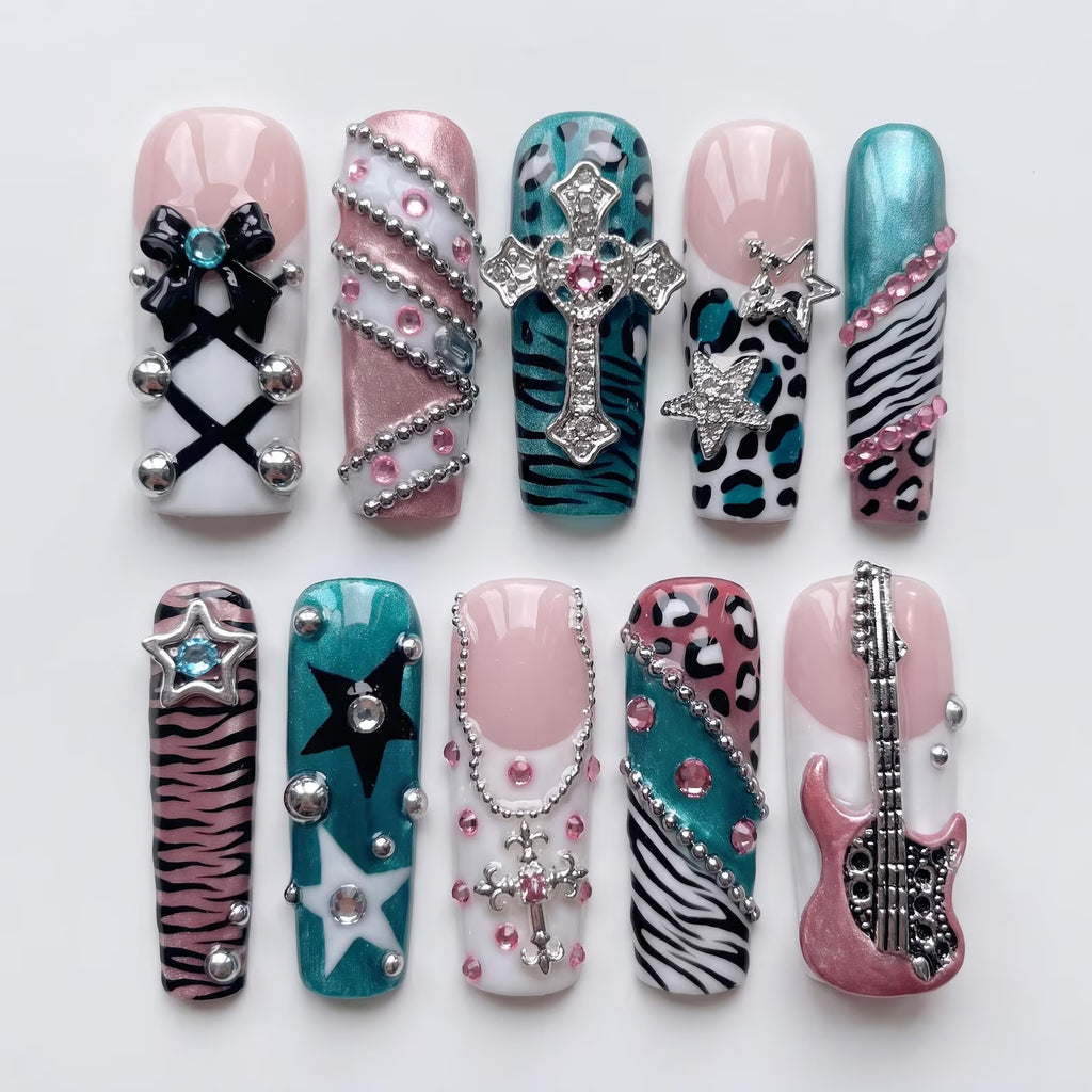 Rockstar Cross Guitar Press On Nails｜Teal Pink Zebra Leopard Nails｜3D Bow Rhinestone Charms｜Y2K Long Fake Nails｜Party Gift｜Reusable Nails