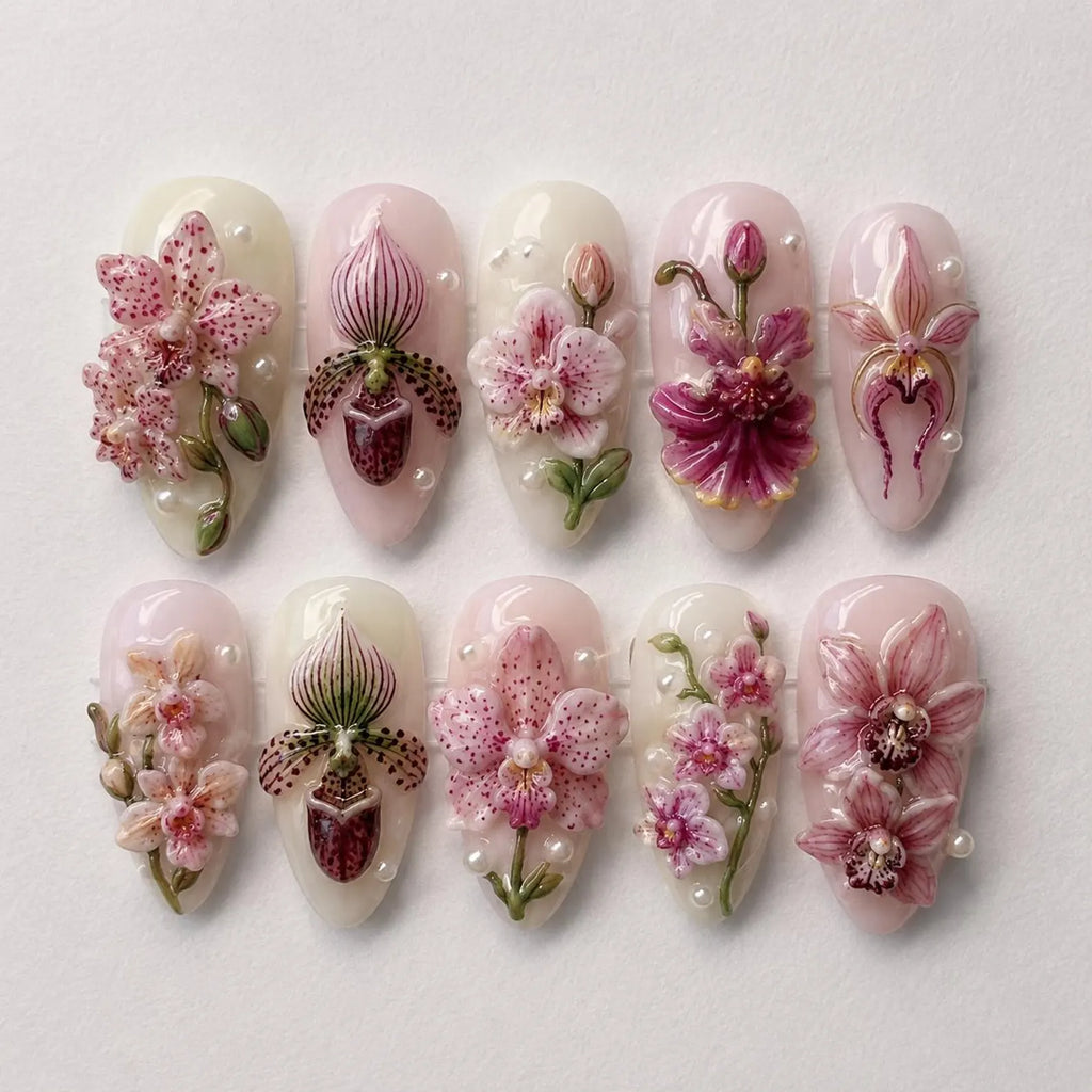 Hand Painted 3D Orchid Press On Nails, Luxury Botanical Floral Nails, Pink Orchid Nail Set, Realistic Flower Nails, Garden Nail Set