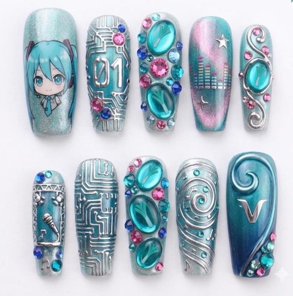 Hatsune Miku Cyber Y2K Press On Nails Handmade Anime Gaming Nail Set