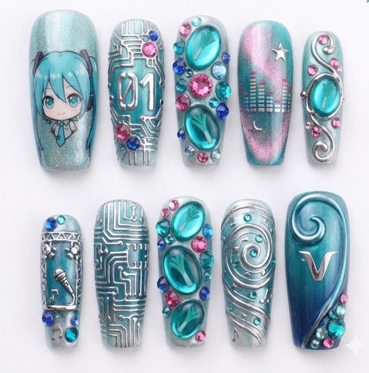 Hatsune Miku Cyber Y2K Press On Nails Handmade Anime Gaming Nail Set