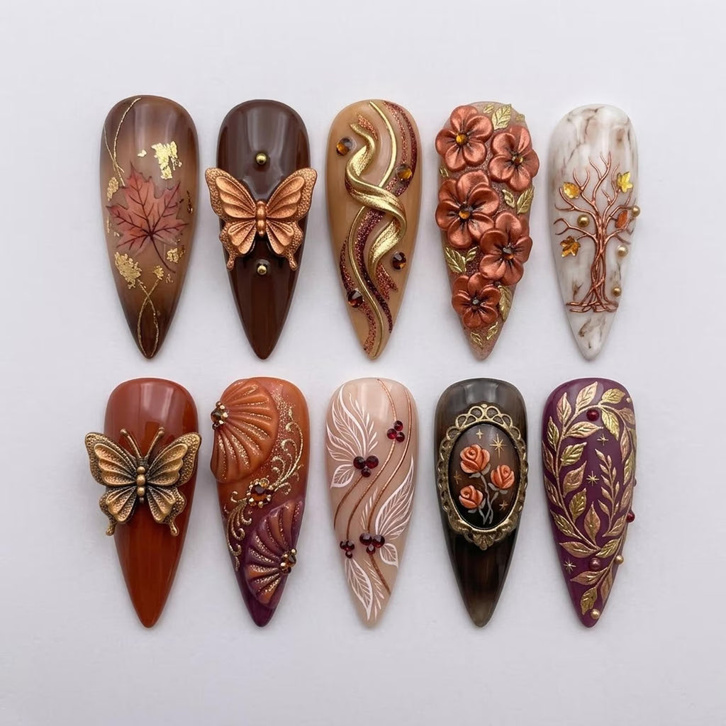 Handmade Autumn Floral Press On Nails - 3D Butterfly Flowers Marble Gold Art - Stiletto Nails for Elegant Fall Vibes