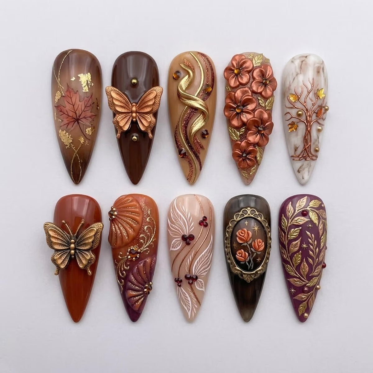 Handmade Autumn Floral Press On Nails - 3D Butterfly Flowers Marble Gold Art - Stiletto Nails for Elegant Fall Vibes