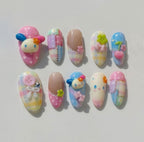 Handmade 3D Usahana Press On Nails | Pastel Patchwork, Cherry & Bow Design | Short Oval Nails for Kawaii Kidcore Aesthetic