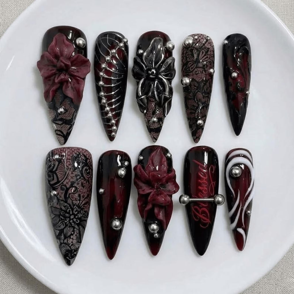 Gothic Vampire Nails / Dark Red Black Lace / 3D Floral Silver Piercing / Edgy Y2K Grunge / Handmade Press On Nails