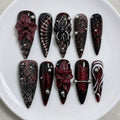 Gothic Vampire Nails / Dark Red Black Lace / 3D Floral Silver Piercing / Edgy Y2K Grunge / Handmade Press On Nails