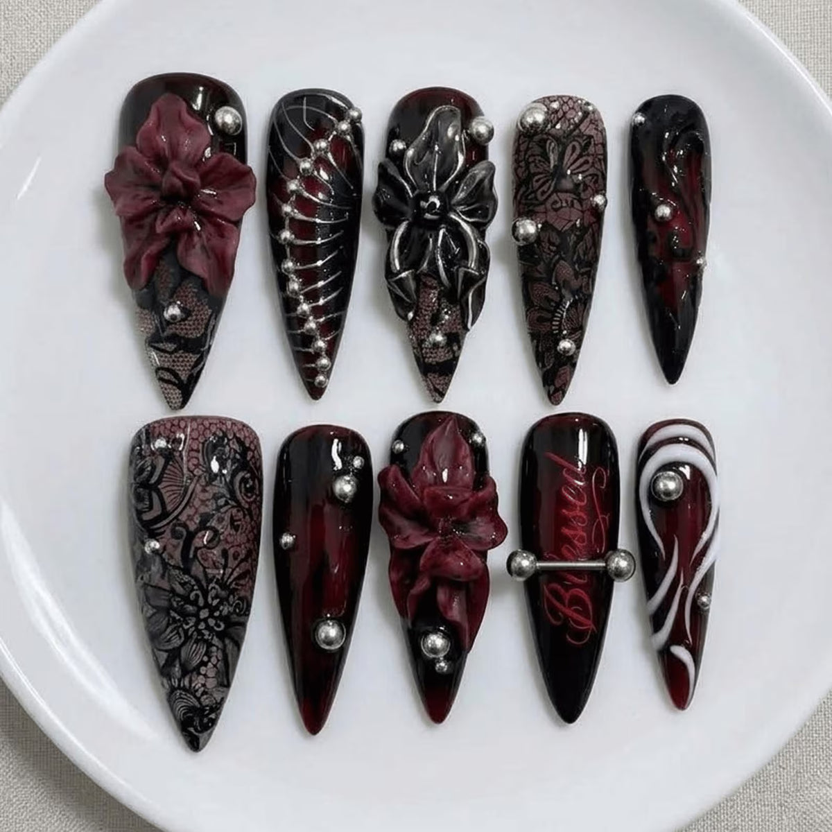 Gothic Vampire Nails / Dark Red Black Lace / 3D Floral Silver Piercing / Edgy Y2K Grunge / Handmade Press On Nails
