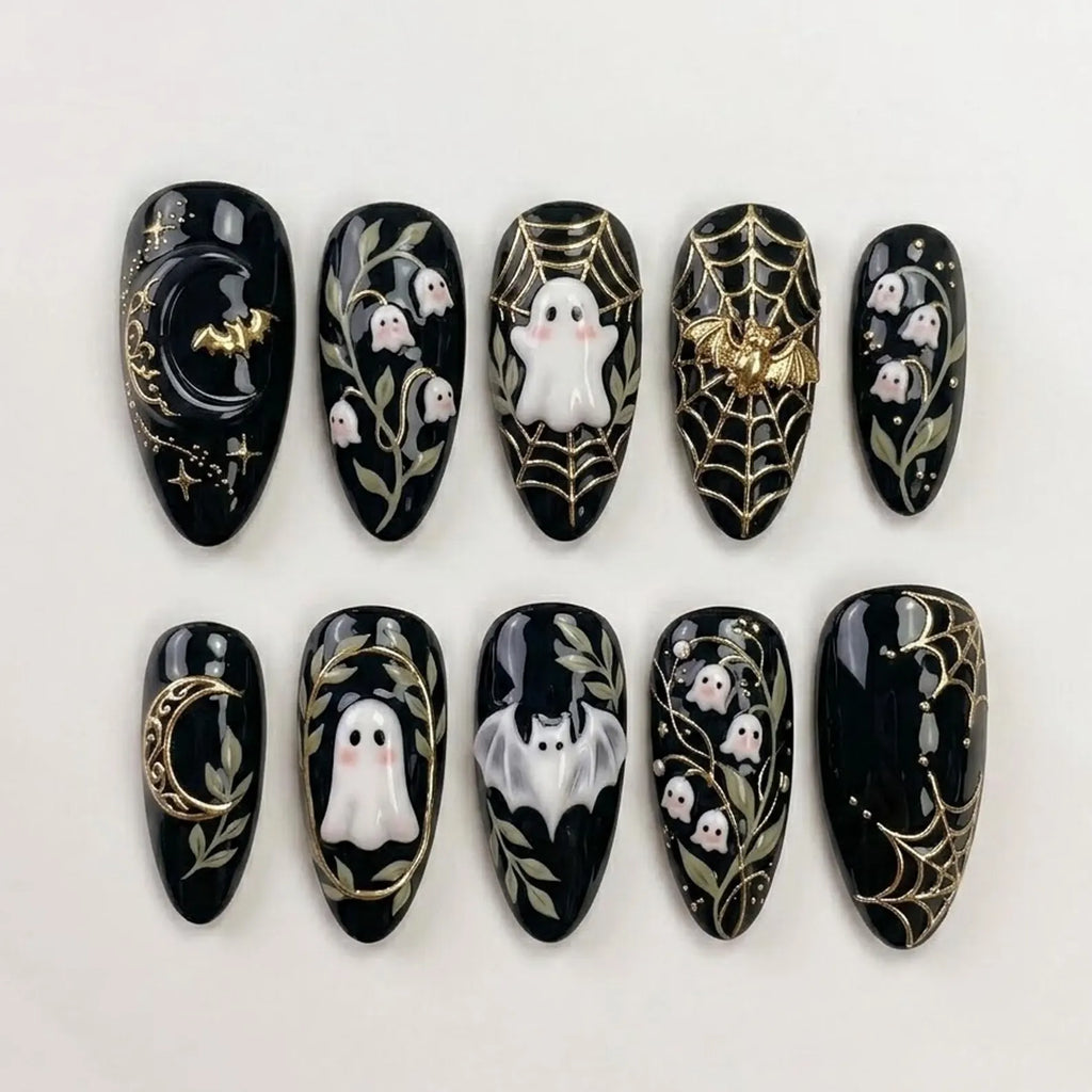 Handmade Gothic Ghost Press On Nails | Luxury Black Gold Halloween Nail Art | Spooky Elegant Custom Nails Set