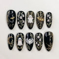 Handmade Gothic Ghost Press On Nails | Luxury Black Gold Halloween Nail Art | Spooky Elegant Custom Nails Set