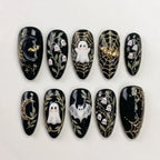 Handmade Gothic Ghost Press On Nails | Luxury Black Gold Halloween Nail Art | Spooky Elegant Custom Nails Set
