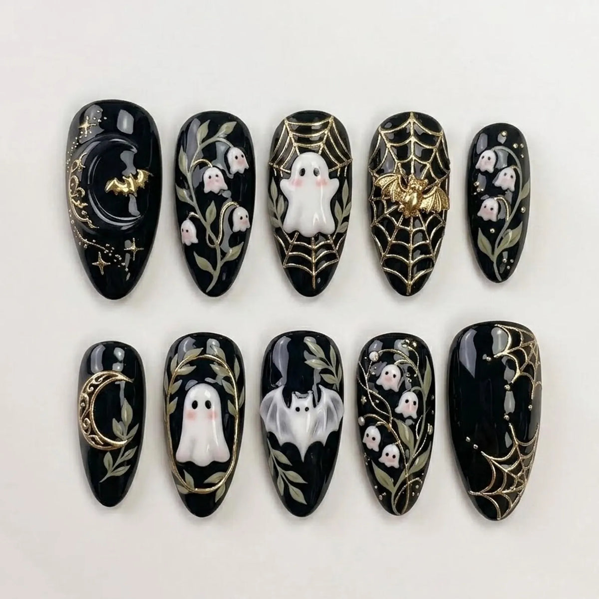 Handmade Gothic Ghost Press On Nails | Luxury Black Gold Halloween Nail Art | Spooky Elegant Custom Nails Set
