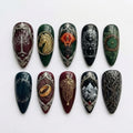 Handmade Fantasy Forest Press On Nails - Elven Tree, Magic Ring, Dragon Eye, Hobbit Door, Gothic Art - Almond Nails for Fantasy Lovers