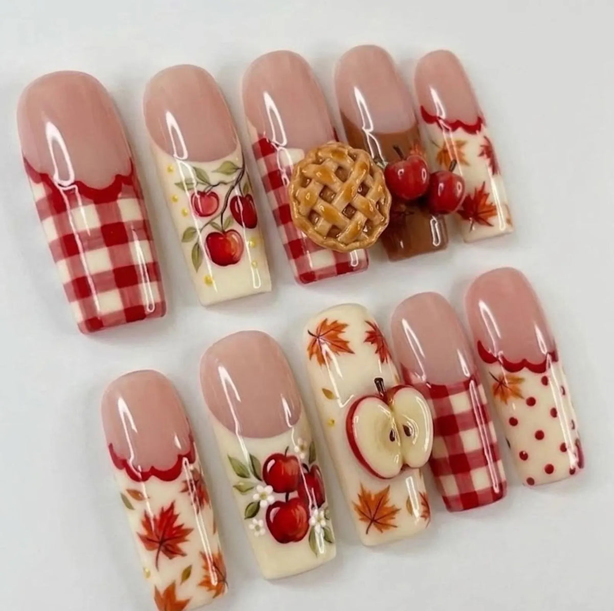 Handmade Apple Pie Press On Nails, Cozy Autumn Fall Nail Set, 3D Fruit & Red Gingham Accents, Nails For Cottagecore Aesthetic Vibes