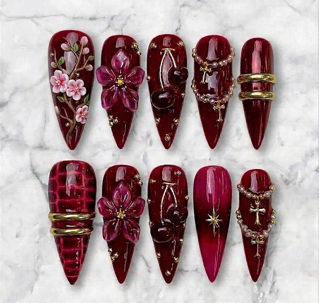 Burgundy Cherry Blossom Press On Nails | Handmade 3D Floral Gothic Nails | Chrome Red Stiletto Nails | Luxury Cross Nail Set
