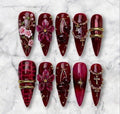 Burgundy Cherry Blossom Press On Nails | Handmade 3D Floral Gothic Nails | Chrome Red Stiletto Nails | Luxury Cross Nail Set