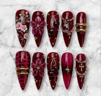 Burgundy Cherry Blossom Press On Nails | Handmade 3D Floral Gothic Nails | Chrome Red Stiletto Nails | Luxury Cross Nail Set