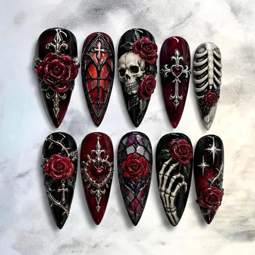 Gothic Rose Skull Press On Nails, Black Red 3D Cross Coffin Nails, Hand Painted Gothic Luxury Halloween Glue On Nails