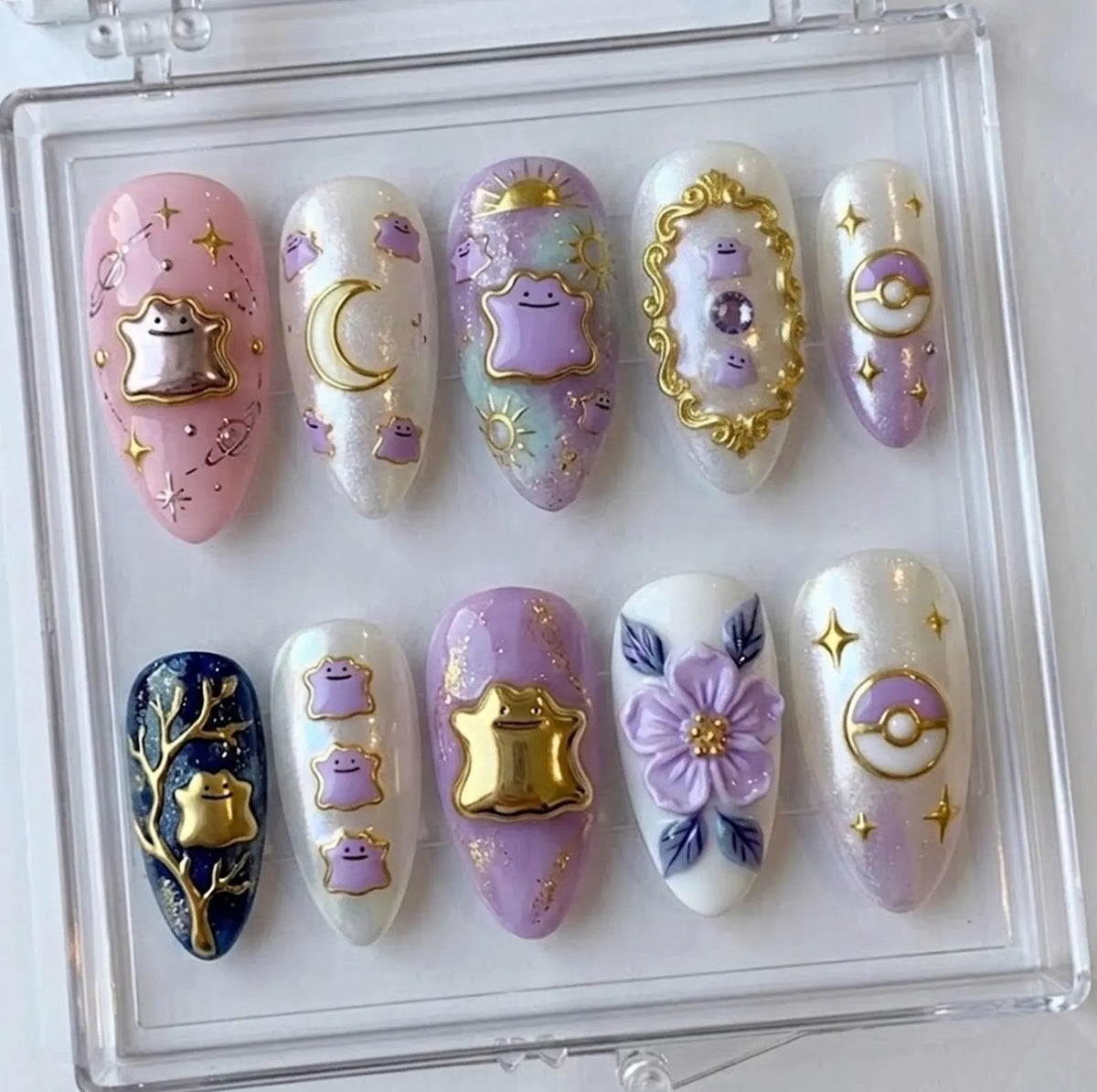 Handmade Anime Press On Nails, Celestial Vintage Nail Set, Gold Mirror & 3D Flower Accents, Nails For Aesthetic Vibes