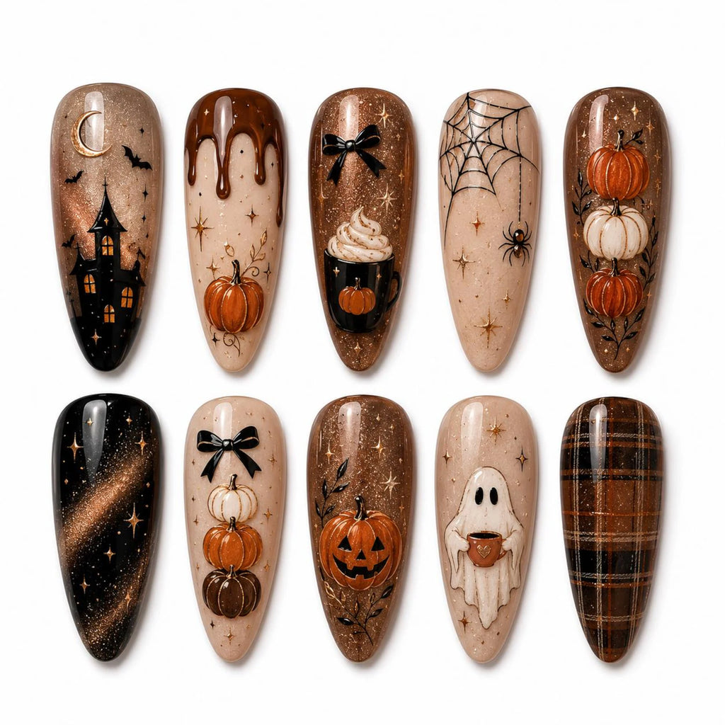 Halloween Press On Nails | Pumpkin, Ghost, Spider Web Autumn Set
