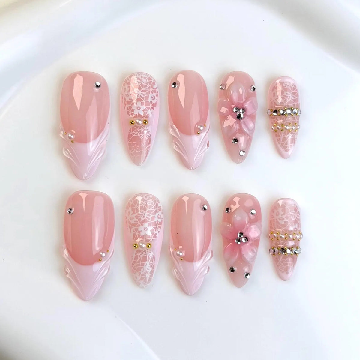 Blush Pink Lace Press On Nails, 3D Floral Nails, Bangel French Nails, Bridal Nails, Elegant Wedding Nails, Handmade Luxury Press On Nails