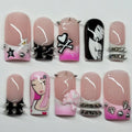 Handmade Y2K Goth Press On Nails, Pink Black French Tip Nails, Cross Skull Nails, Anime Girl Nails, Grunge Alt Nails