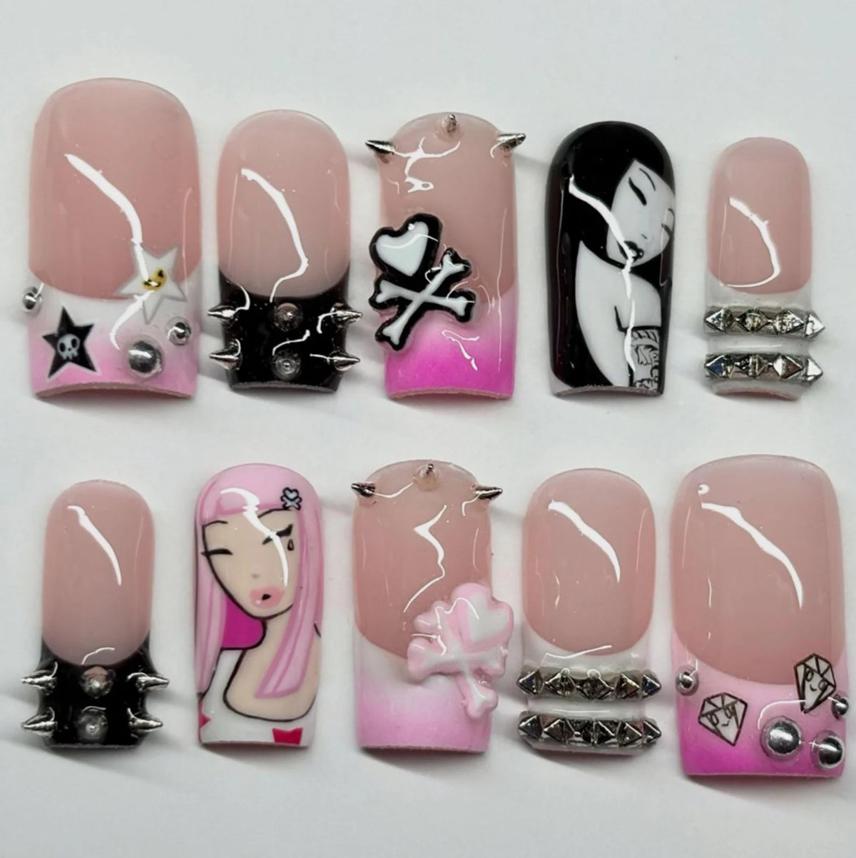 Handmade Y2K Goth Press On Nails, Pink Black French Tip Nails, Cross Skull Nails, Anime Girl Nails, Grunge Alt Nails