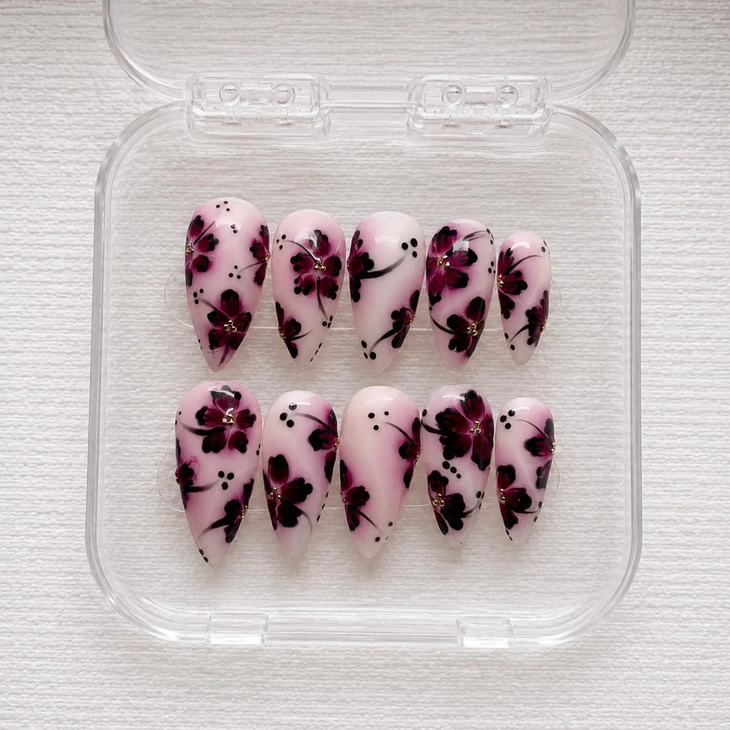 Pink Floral Almond Press On Nails | Handcrafted Y2K Nail Art Set