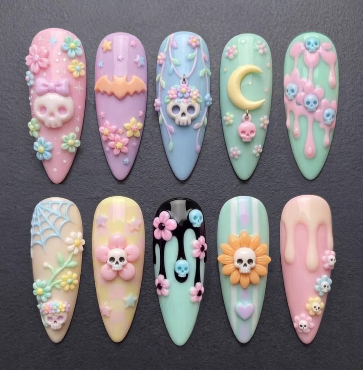 Handmade Pastel Goth Skull Press On Nails, 3D Spooky Kawaii Halloween Art