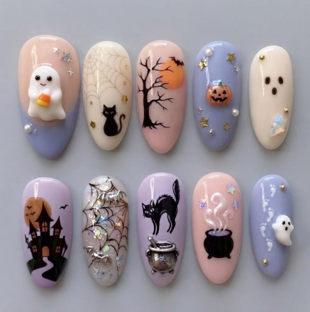 Handmade Halloween Press On Nails | 3D Ghost, Black Cat & Haunted Castle Art | Pastel Spooky Fake Nails Set