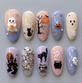 Handmade Halloween Press On Nails | 3D Ghost, Black Cat & Haunted Castle Art | Pastel Spooky Fake Nails Set