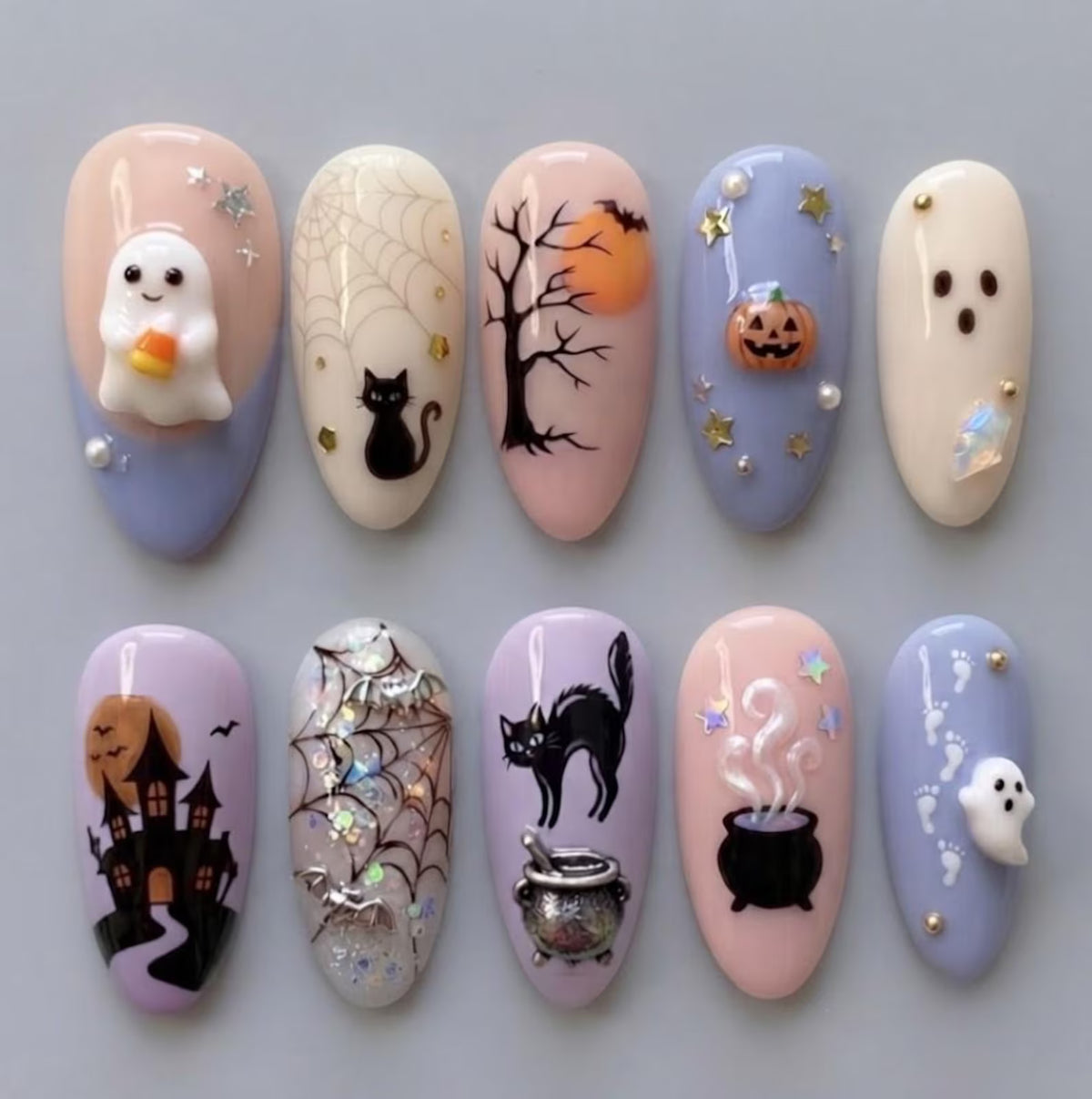 Handmade Halloween Press On Nails | 3D Ghost, Black Cat & Haunted Castle Art | Pastel Spooky Fake Nails Set
