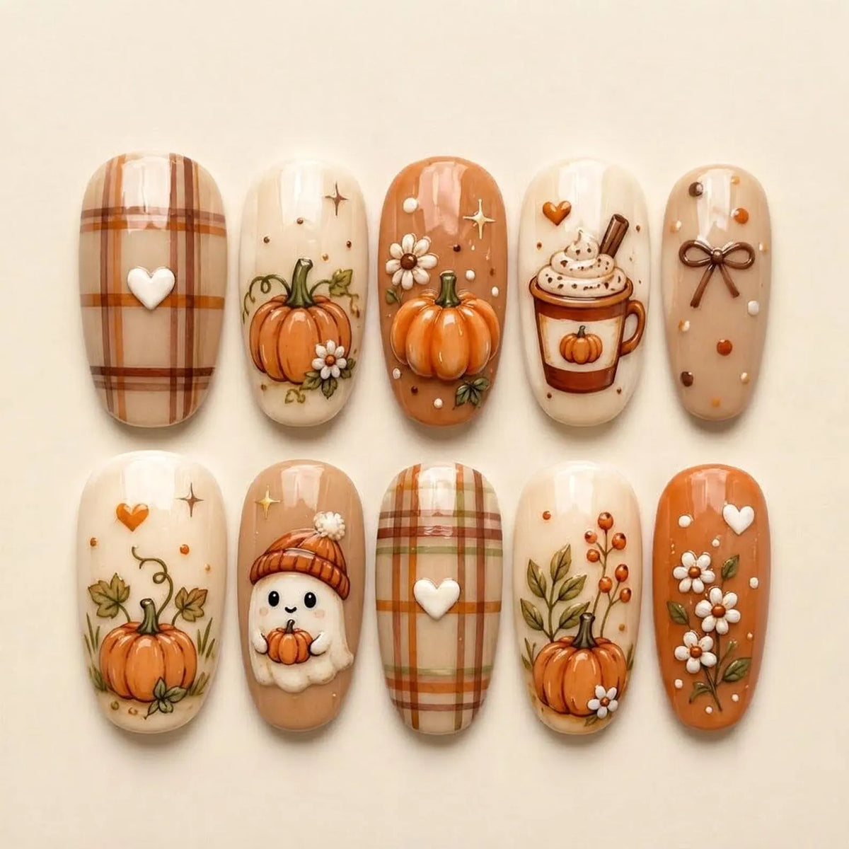 Handmade Pumpkin Press On Nails / Cozy Fall Nails / Autumn Plaid Nails / Cute Ghost Nails / Thanksgiving Press On Nails