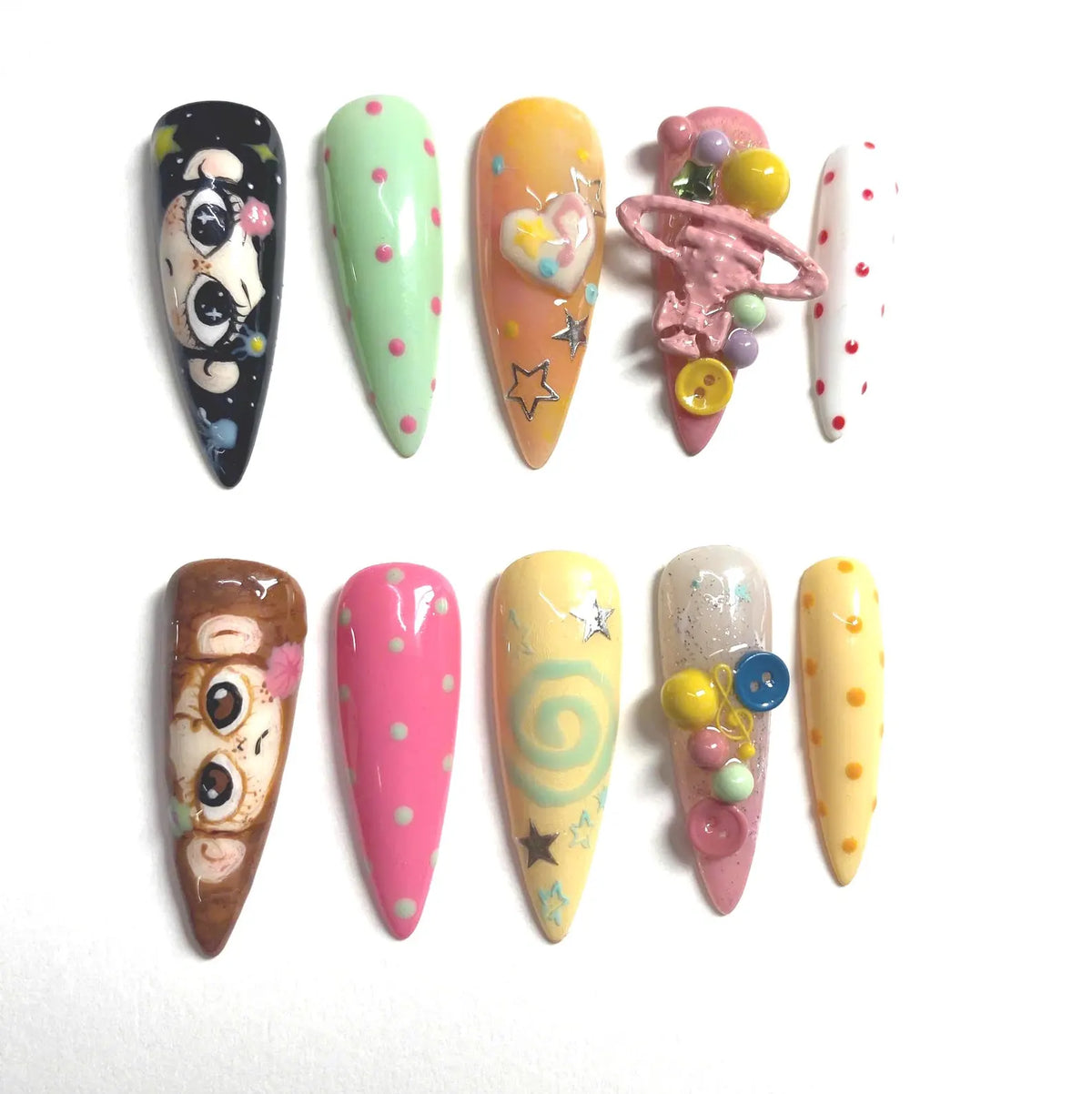Hand Painted Kawaii Press On Nails | Anime Character Art, 3D Candy, Music Note