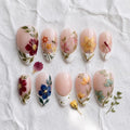 Hand-painted Botanical Wildflower Press-On Nails, Elegant Gold Accents