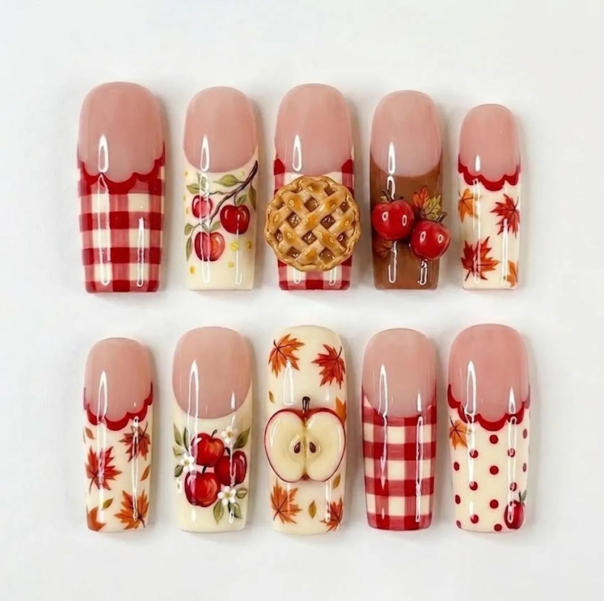 Handmade Apple Pie Press On Nails, Cozy Autumn Fall Nail Set, 3D Fruit & Red Gingham Accents, Nails For Cottagecore Aesthetic Vibes