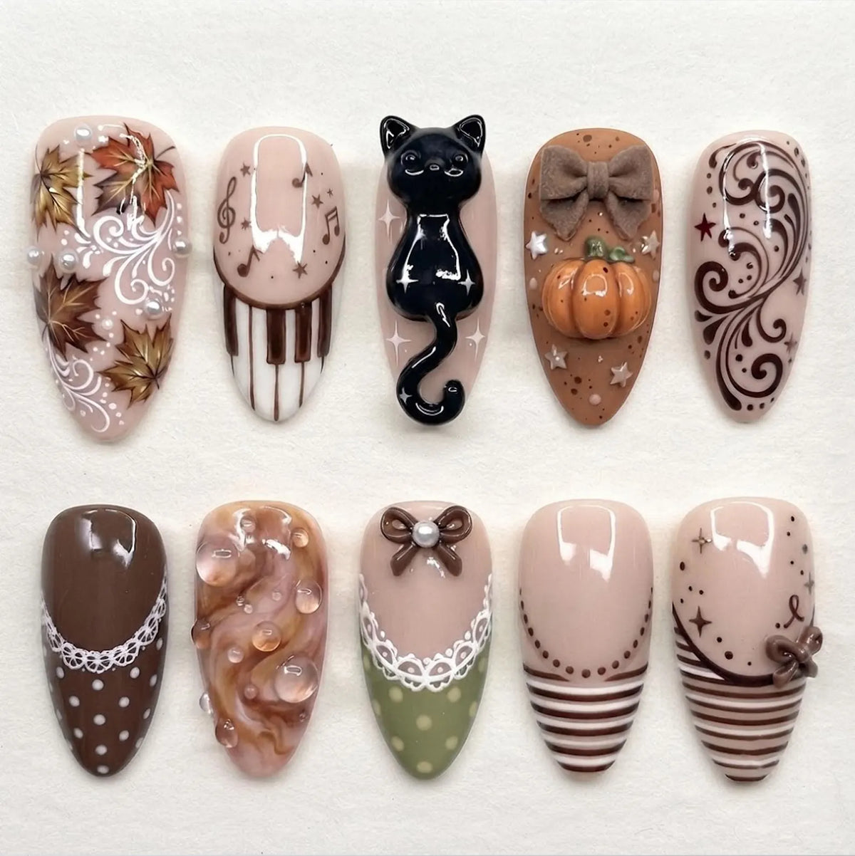 Handmade Vintage Autumn Press On Nails | Black Cat, Pumpkin & Piano Art | Elegant Mocha Cottagecore Custom Nails