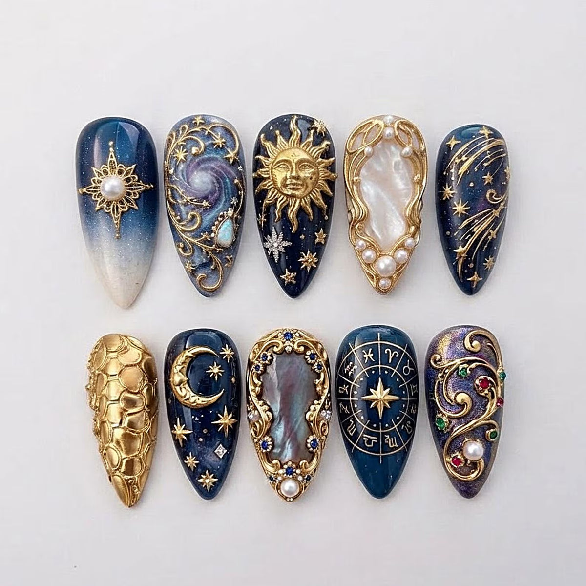 Handmade Celestial Zodiac Press On Nails | Sun Moon Stars, Astrology, Gold Luxury Nail Art | Galaxy Fantasy Nails