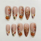 Handmade 3D Pumpkin Fall Press On Nails, Handpainted Leaf Set, Bronze Glitter French, Nails For Bold Artistic Vibes