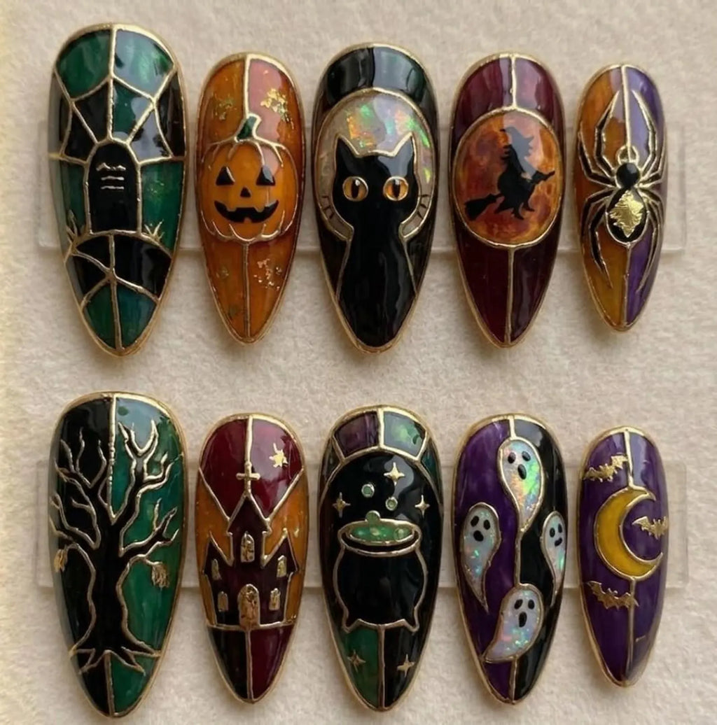 Gothic Halloween Stained Glass Press On Nails, Spooky Cat Cauldron Art Fake Nails