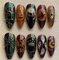 Gothic Halloween Stained Glass Press On Nails, Spooky Cat Cauldron Art Fake Nails