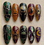 Gothic Halloween Stained Glass Press On Nails, Spooky Cat Cauldron Art Fake Nails