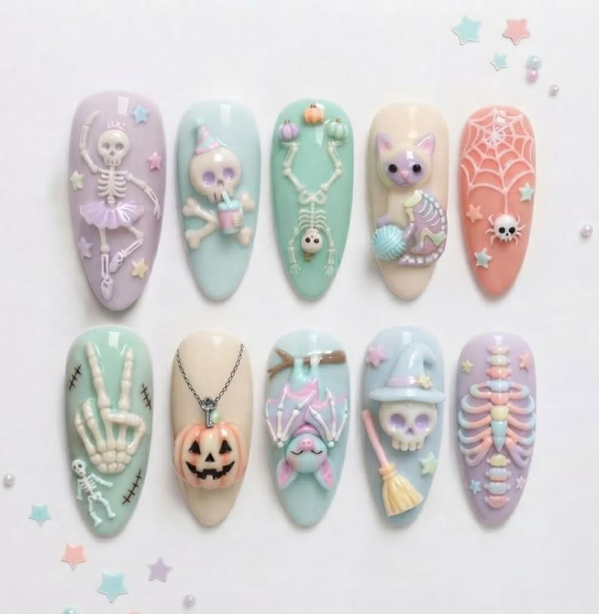 Handmade Pastel Spooky Press On Nails, 3D Gel Skeleton Fake Art, Kawaii Pumpkin Acrylics, Pastel Halloween Theme Manicure