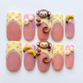 Handmade 3D Monkey Press On Nails | Pastel Polka Dot & Banana, Kawaii Aesthetic | Medium Square Nails For Playful Mood, Kidcore Style