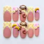 Handmade 3D Monkey Press On Nails | Pastel Polka Dot & Banana, Kawaii Aesthetic | Medium Square Nails For Playful Mood, Kidcore Style