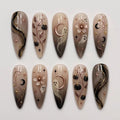 Handmade Spooky Elegant Halloween Press On Nails | Rose Gold Moon Ghost & Black Pumpkin Art | Witchy Ombre Custom Nails